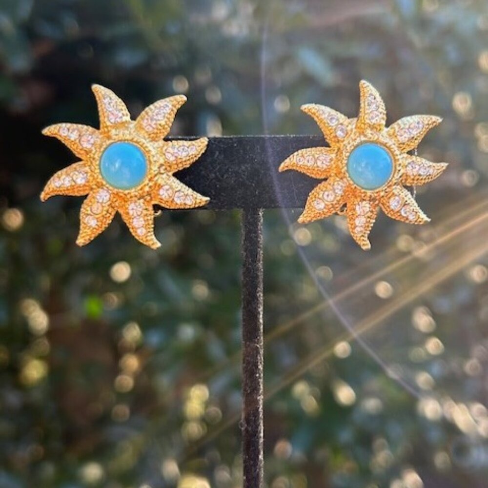 R.J. GRAZIANO Gold Rhinestone Sunburst Blue Stone EARRINGS - Picture 5 of 9